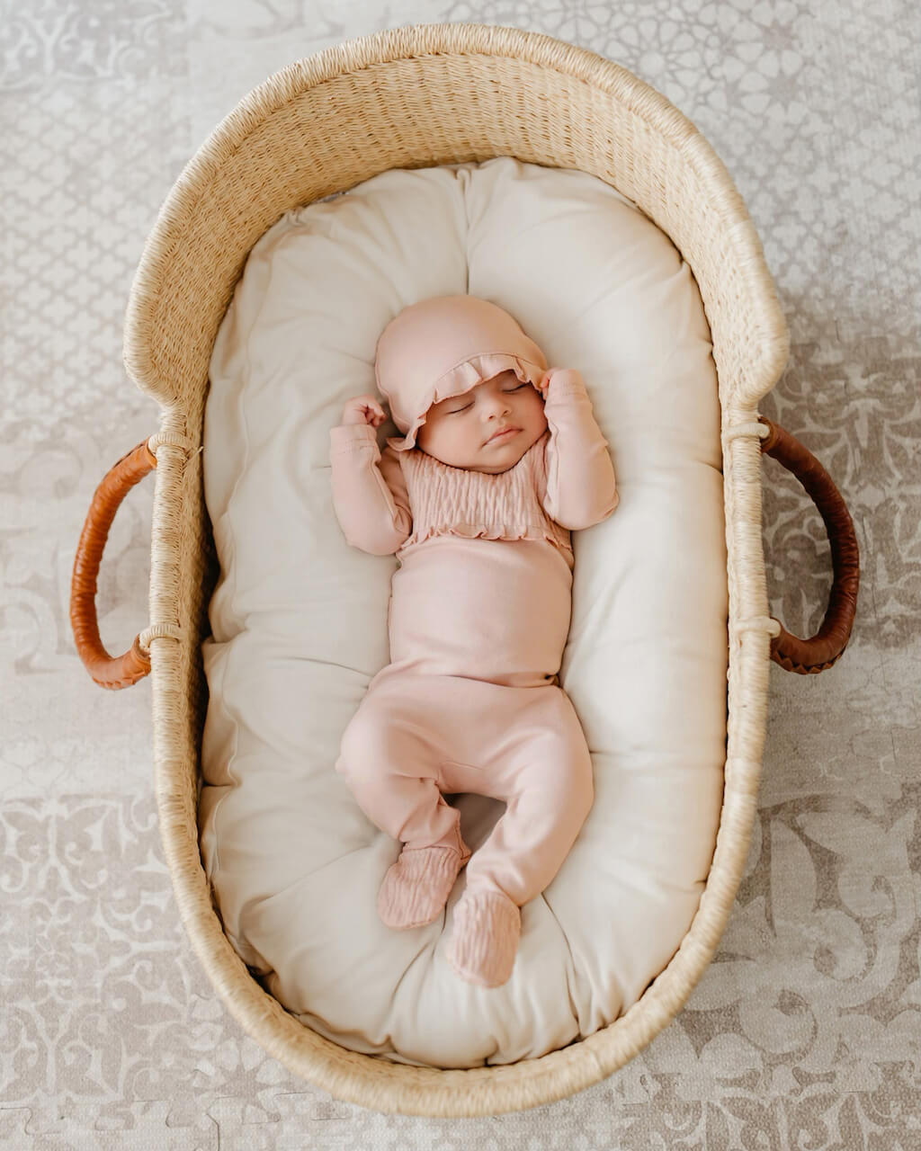 Organic Smocked Footie in Rosewater